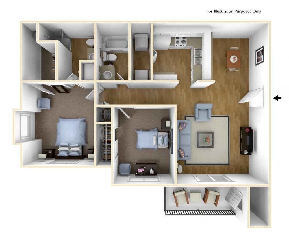 Floor plan for 2 beds, 2 baths, 956 sqft